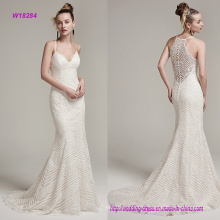 Modern and Romantic Lace Sheath Wedding Dress with Spaghetti Straps and V-Neckline Highlighted with Opal Beads